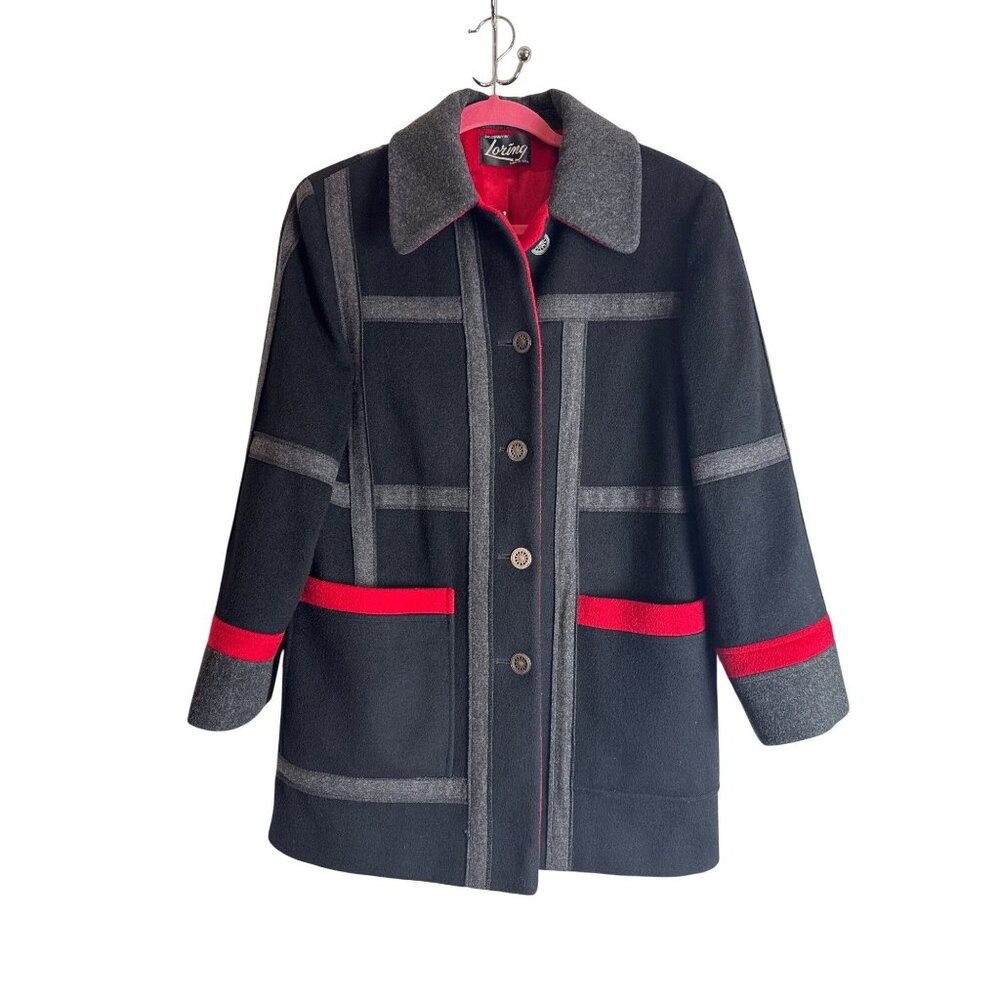 Vintage Loring Women's Wool Blend Coat Black Red Plaid Made in USA Size Medium